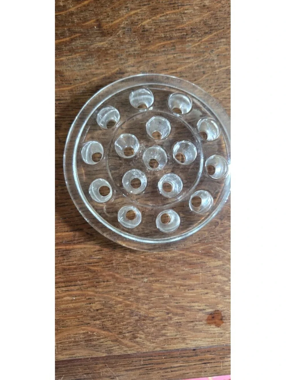 Vintage Clear Round Glass 16 Hole Flower Frog Flowers Arrangements Holder 5”